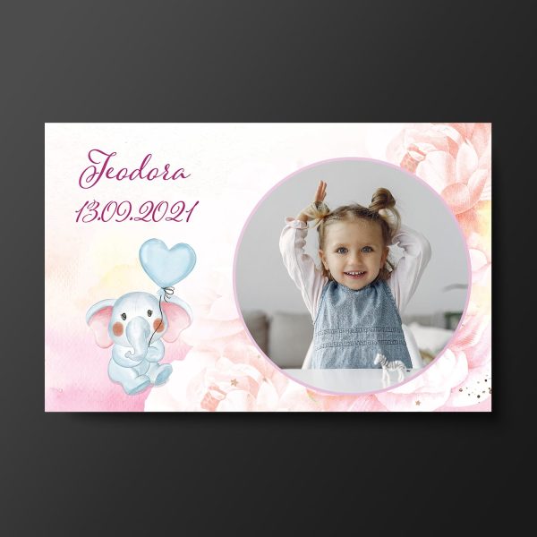 Magnet personalizat cu poză, nume și dată 10x15cm - Mărturie botez (fată)