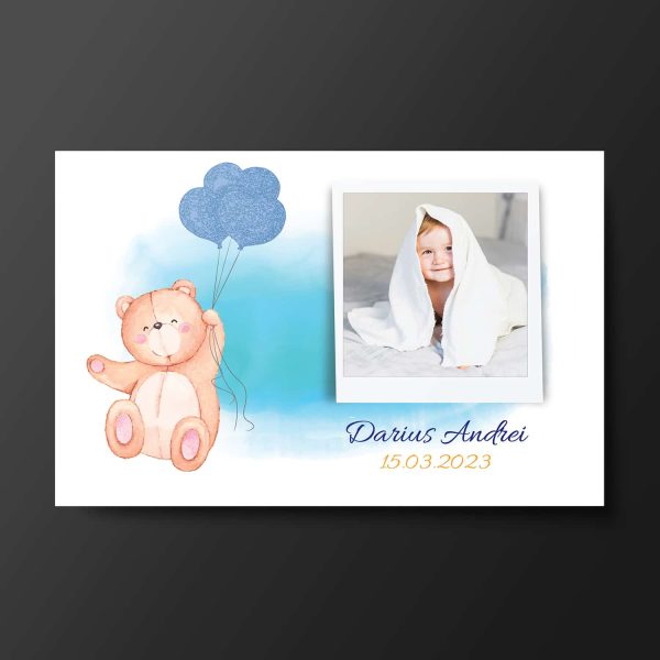 Magnet personalizat cu poză, nume și dată 10x15cm - Mărturie botez (băiat)