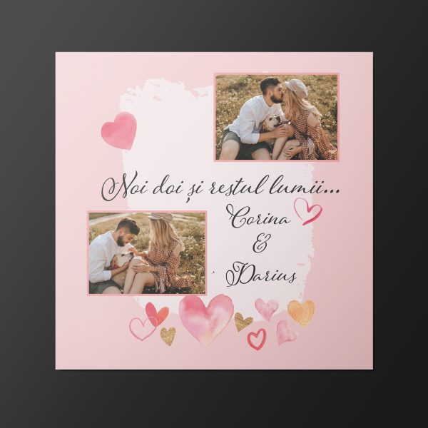 Magnet personalizat cu două nume și două poze 10x10cm - Noi doi și restul lumii