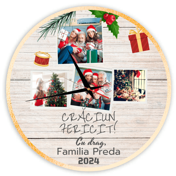 Ceas cadou de Craciun, cu 4 poze și numele de familie