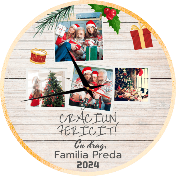 Ceas cadou de Craciun, cu 4 poze și numele de familie - imagine 2