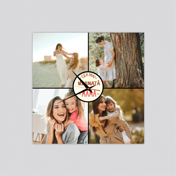 Ceas pătrat cu 4 poze - Cadou personalizat pentru mama