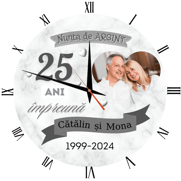 Ceas personalizat rotund cu poză, două nume și anii de relație - Nunta de argint - imagine 2