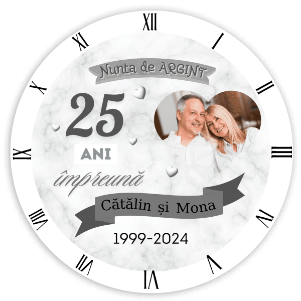 Ceas personalizat rotund cu poză, două nume și anii de relație - Nunta de argint