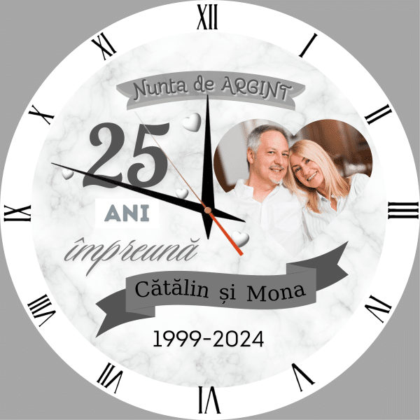 Ceas personalizat rotund cu poză, două nume și anii de relație - Nunta de argint - imagine 5