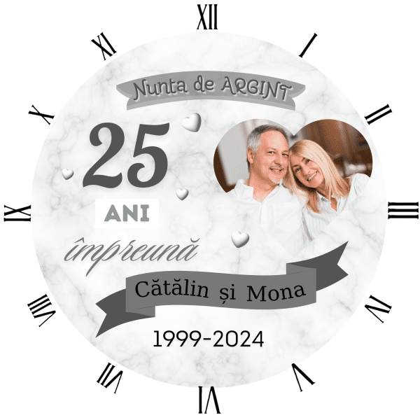 Ceas personalizat rotund cu poză, două nume și anii de relație - Nunta de argint - imagine 4