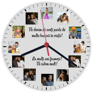 Ceas personalizat rotund cu 12 poze - Aniversare