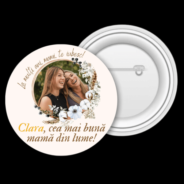 Insignă metalică personalizată cu poză, nume și text - Cea mai bună mamă - imagine 3