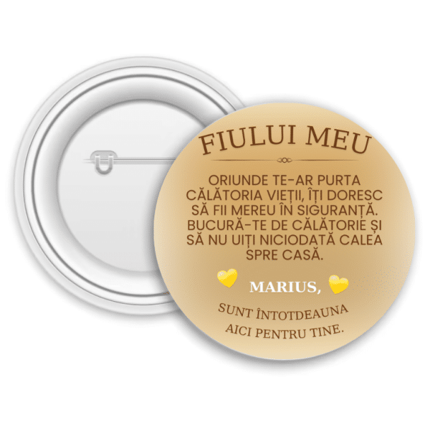 Insignă metalică personalizată cu nume și text - Fiului meu