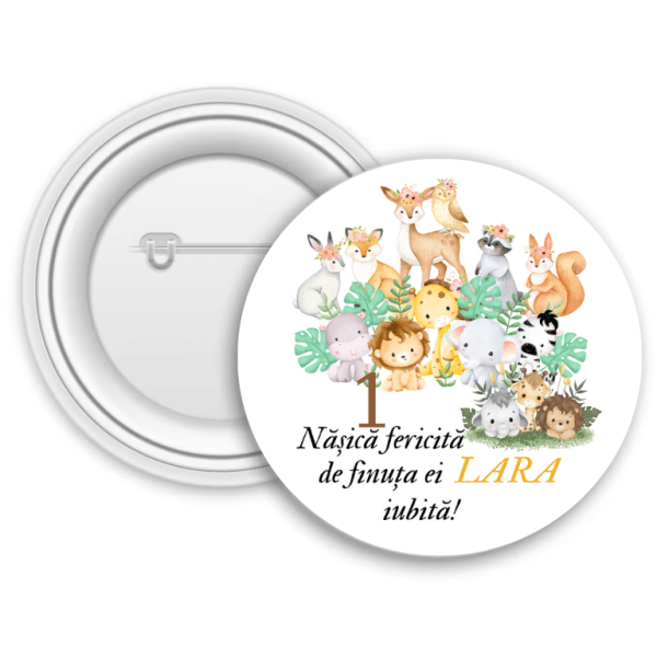 Insignă metalică personalizată cu nume, text și vârstă - Nașă