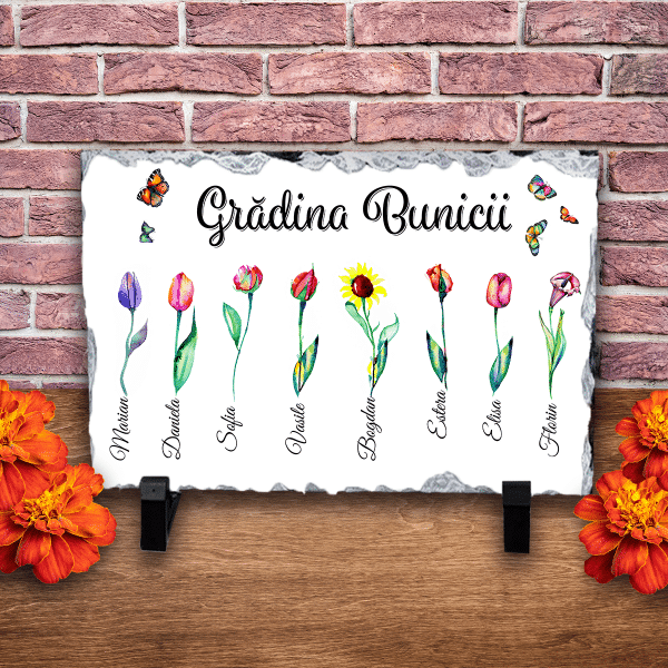 Placă ardezie personalizată cu 8 nume - Grădina bunicii