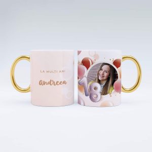Cană cu mâner auriu personalizată cu poză și nume - Majorat