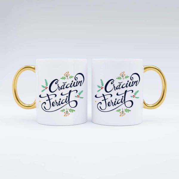 Cană cu mâner auriu personalizată cu nume - Crăciun fericit