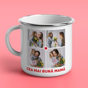 Cană metalică emailată personalizată cu 4 poze - Cea mai bună mamă