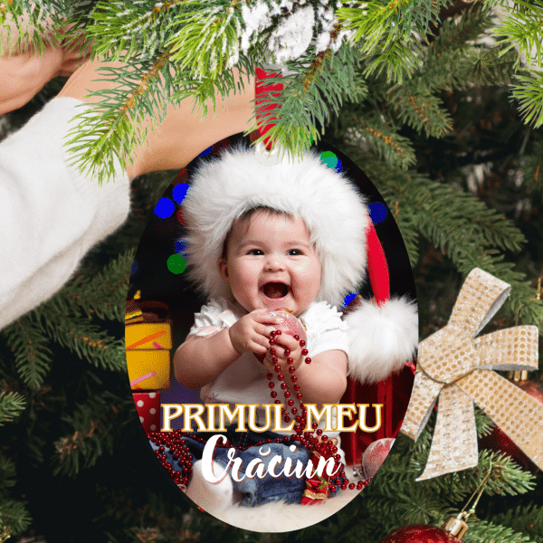 Ornament de Crăciun din ceramică, oval, personalizat cu poză - Bebe - imagine 2