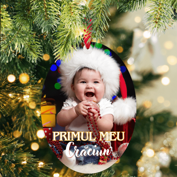 Ornament de Crăciun din ceramică, oval, personalizat cu poză - Bebe