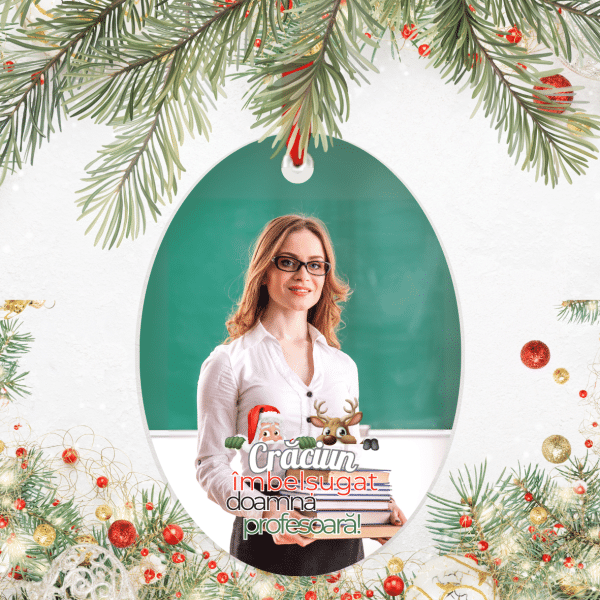 Ornament de Crăciun din ceramică, oval, personalizat cu poză - Profesor/Profesoară - imagine 3