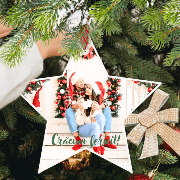 Ornament de Crăciun, din ceramică, în formă de stea, personalizat cu poză - imagine 2