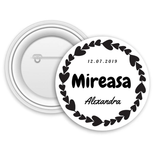Insignă metalică personalizată cu dată și nume - Mireasa