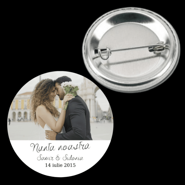Insignă metalică personalizată cu nume, poză și dată - Nunta noastră - imagine 2