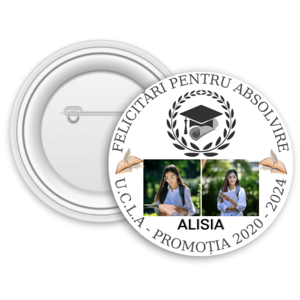 Insignă metalică personalizată cu două poze, nume și text - Absolvire - imagine 4