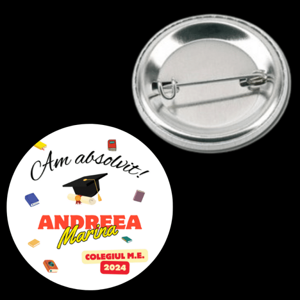 Insignă metalică personalizată cu nume și text - Am absolvit! - imagine 3