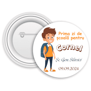 Insignă personalizată pentru copii cu nume și text - Prima zi de școală