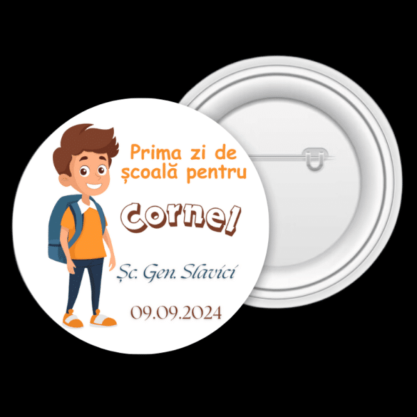 Insignă personalizată pentru copii cu nume și text - Prima zi de școală - imagine 3