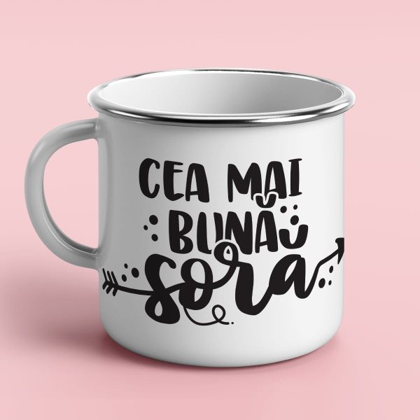 Cană metalică emailată personalizată cu text - Cea mai bună soră - imagine 2