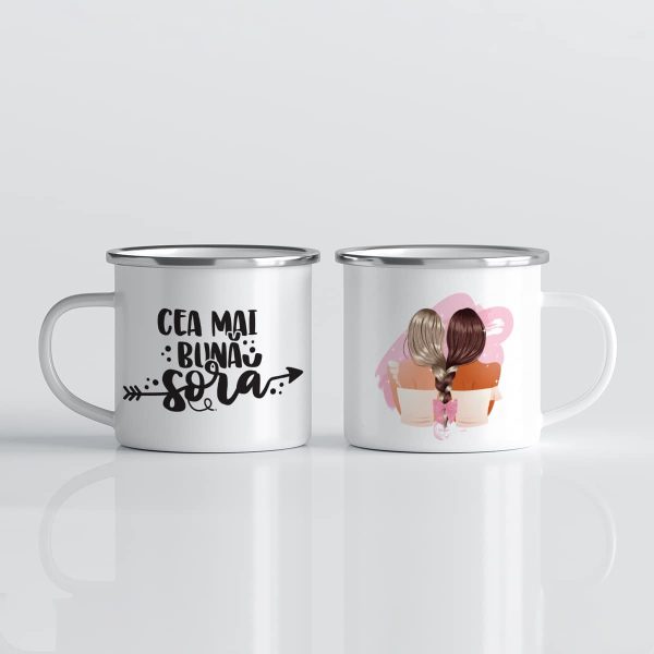Cană metalică emailată personalizată cu text - Cea mai bună soră