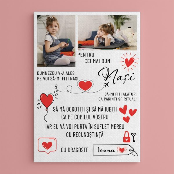 Tablou canvas personalizat cu două poze și nume - Nași