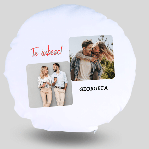Pernă personalizată cu 2 poze și nume - Te iubesc